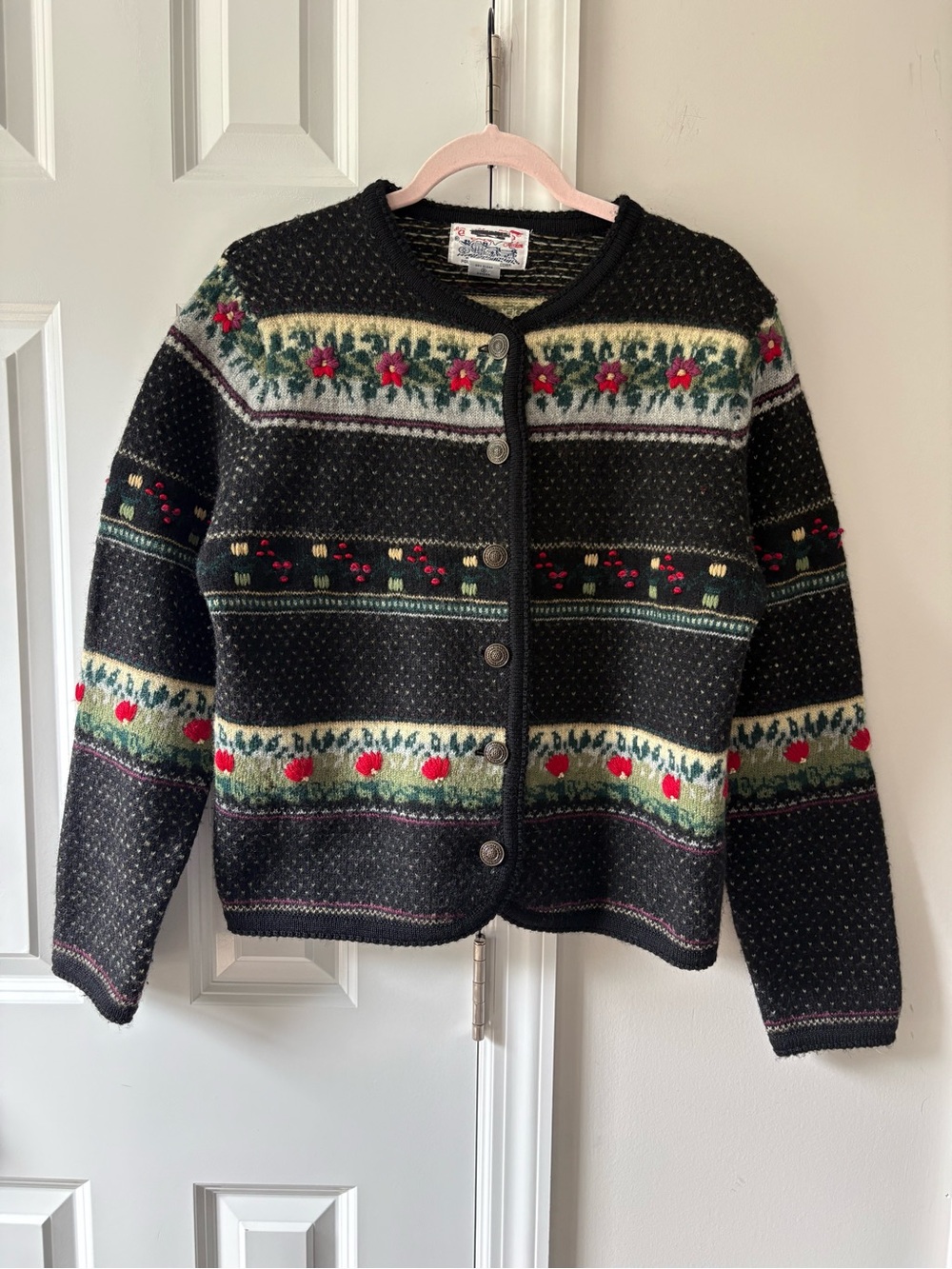 Vintage Wool Floral Pattern Cardigan Jacket - Black with Red & Green